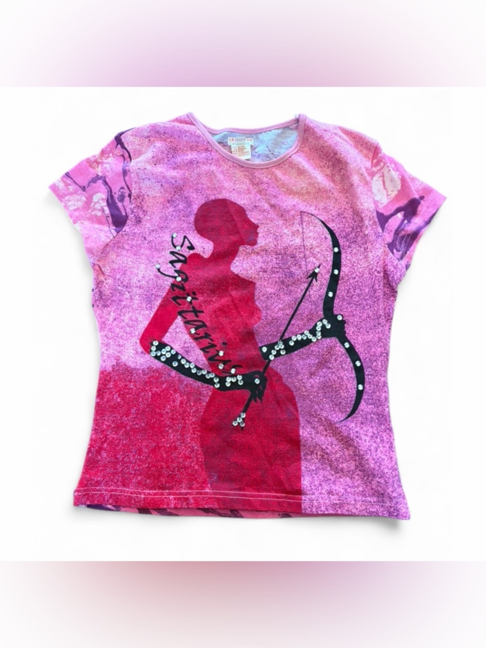 La Belle Vie Sagittarius Y2K Vintage Astrology Pink Figure Sequins T-Shirt Top